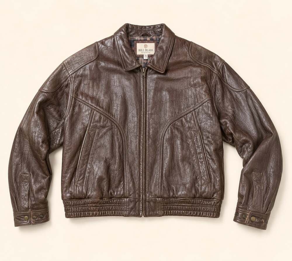 Vintage Bill Blass Brown Genuine Leather Bomber Jacket Moto Y2K XL
